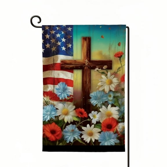 PHYHOO Welcome Garden Flag Double Sided, Small Burlap Patriotic Cross Garden Yard House Flags for Independence Memorial Day Outdoor Outside Decor White