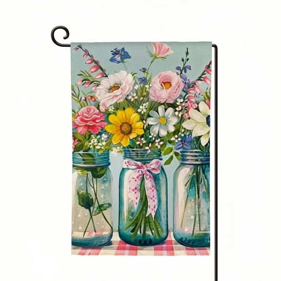 PHYHOO Welcome Spring Floral Garden Flag Double Sided Burlap, Small Vertical Spring Summer Mason Jar Vase Flower Garden Yard Flags for Spring Summer Outside Outdoor House Decoration White