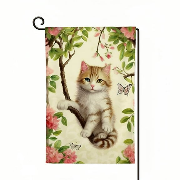 PHYHOO Welcome Spring Garden Flag Double Sided, Small Cat Flower Floral Garden Yard Flags for Seasonal Outside Outdoor House Decoration White