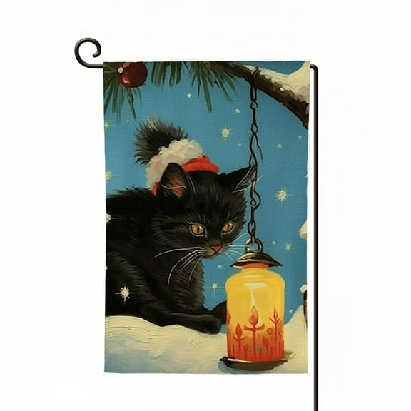 PHYHOO  Welcome Winter Garden Flag Double Sided, Burlap Small Snow Garden Yard House Flags with Black Cat for Winter Outside Outdoor Decoration White