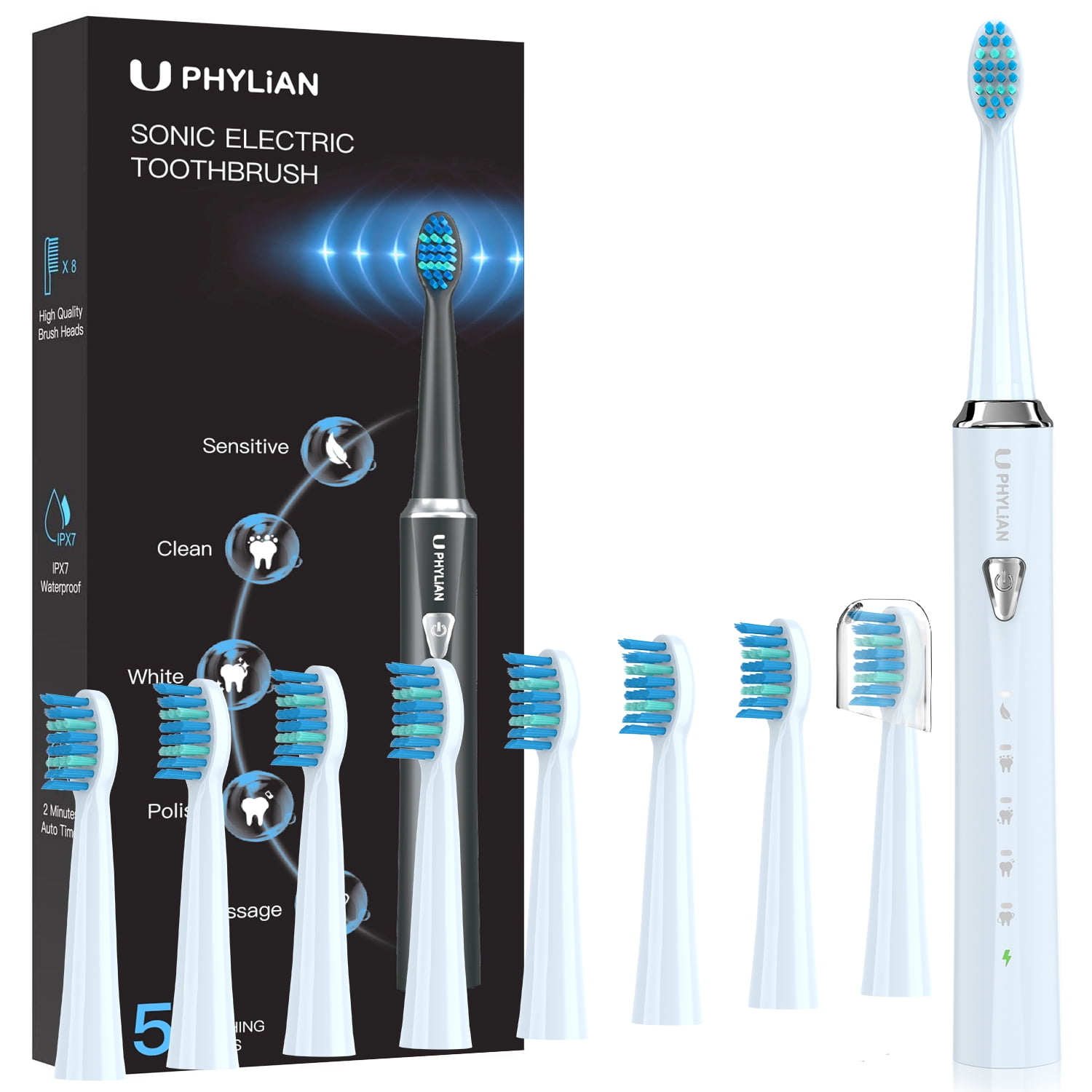 PHYLIAN Sonic Electric Toothbrush for AdultsRechargeable Electronic Toothbrushes with 8 Brush