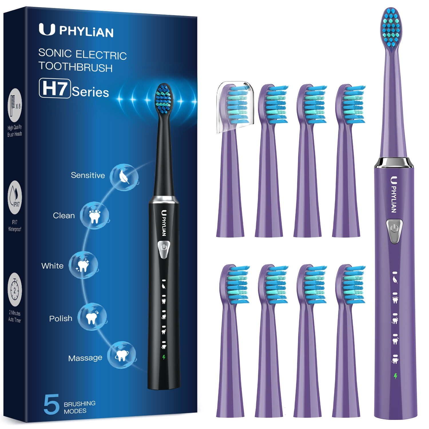 PHYLIAN Sonic Electric Toothbrush for AdultsRechargeable Electronic Toothbrushes with 8 Brush