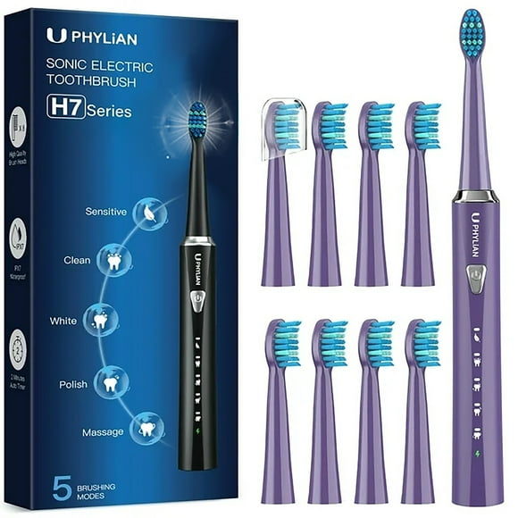 PHYLIAN Sonic Electric Toothbrush for Adults-Rechargeable Electronic Toothbrushes with 8 Brush Heads, Battery Toothbrushes Electric Tooth Brush, 3 Hours Charge for 60 Days #Purple