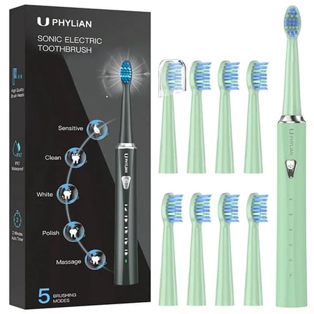 PHYLIAN Sonic Electric Toothbrush for Adults Rechargeable Electronic Toothbrush 5 Modes 8 Brush Heads Smart Timer for Home Travel #Green