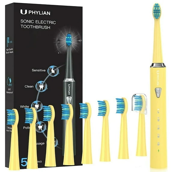 PHYLIAN Sonic Electric Toothbrush for Adults Rechargeable Electronic Toothbrush 5 Modes 8 Brush Heads Smart Timer for Home Travel #Yellow