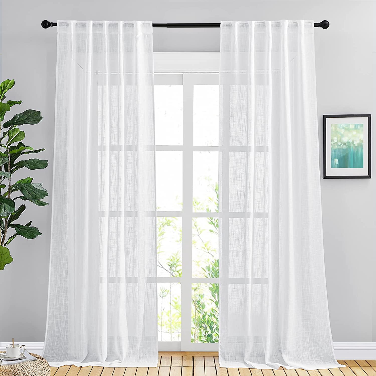 PHYSUN-White Linen Sheer Bedroom Curtains 90 inches Long, Rod Pocket ...