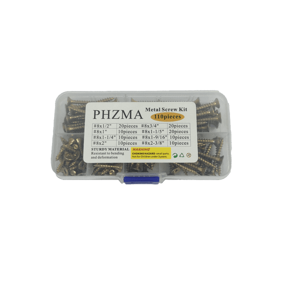 PHZMA Metal Screws Assortment Kit, 110 Pieces Self-Tapping Screws in 7 Sizes, Galvanized Metal Screws