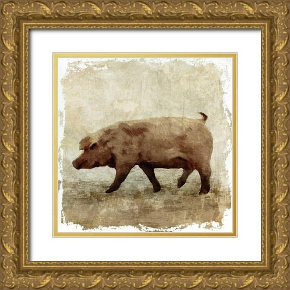 PI Studio 15x15 Gold Ornate Wood Framed with Double Matting Museum Art Print Titled - Pig white border