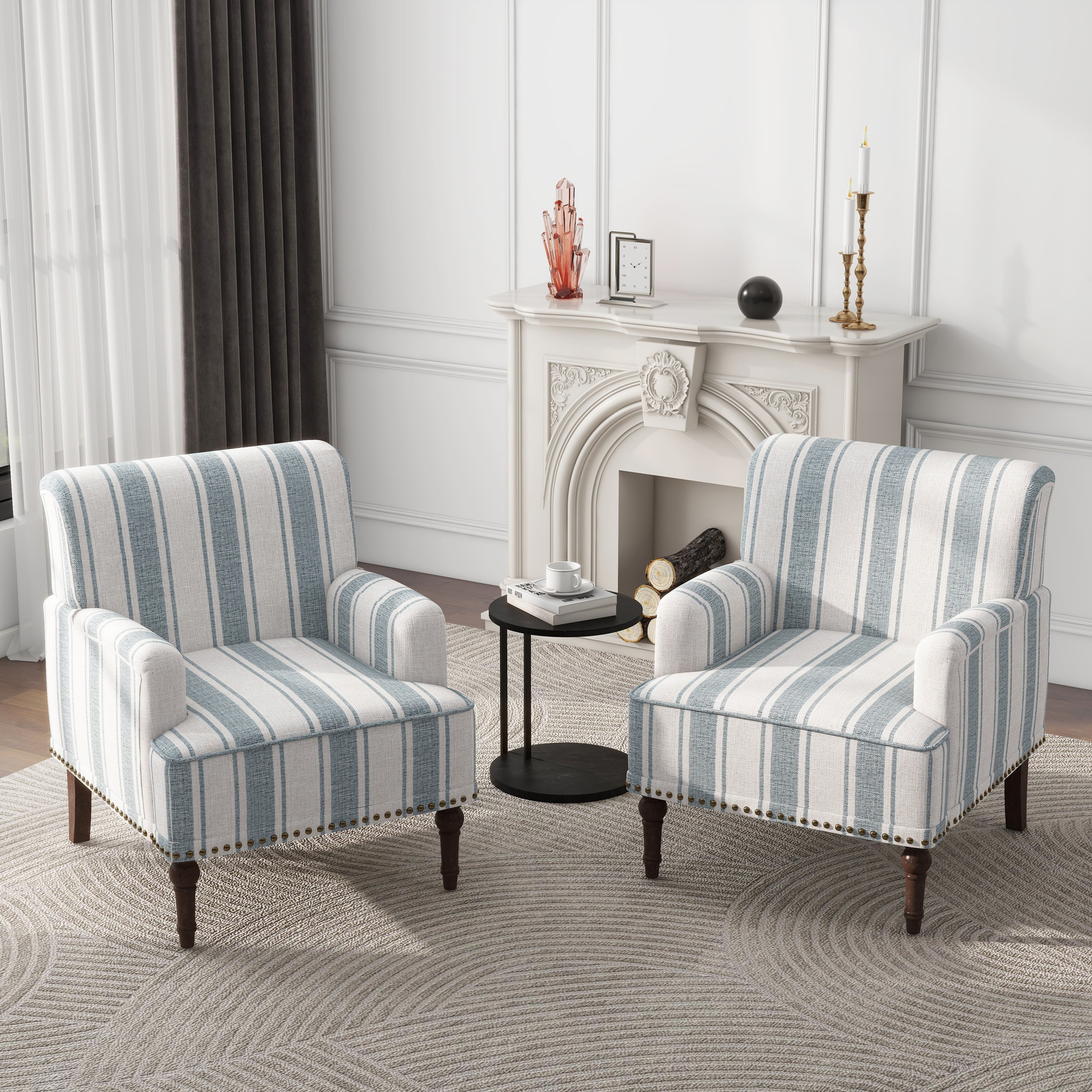 PIA RICCO Stripe Accent Chair Upholstered Armchair with Wood Legs Comfy Single Sofa, Blue, Set of 2