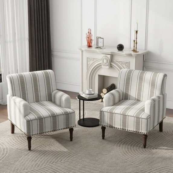 PIA RICCO Stripe Accent Chair Upholstered Armchair with Wood Legs Comfy Single Sofa, Brown, Set of 2