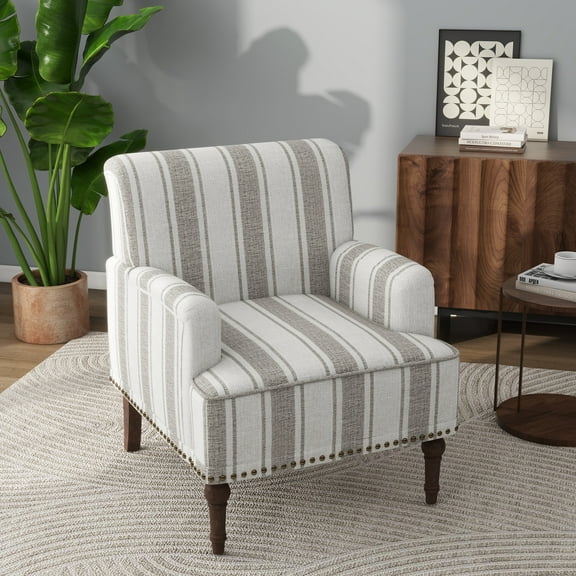 PIA RICCO Stripe Accent Chair Upholstered Armchair with Wood Legs Comfy Single Sofa for Living Room, Brown
