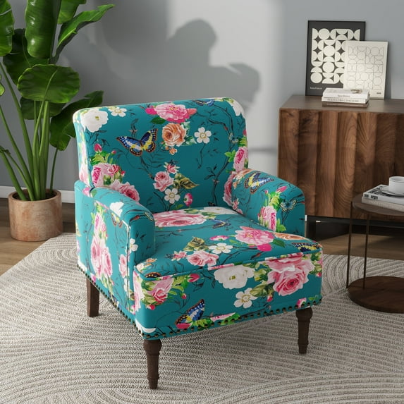 PIA RICCO Stripe Accent Chair Upholstered Armchair with Wood Legs Comfy Single Sofa for Living Room, Floral
