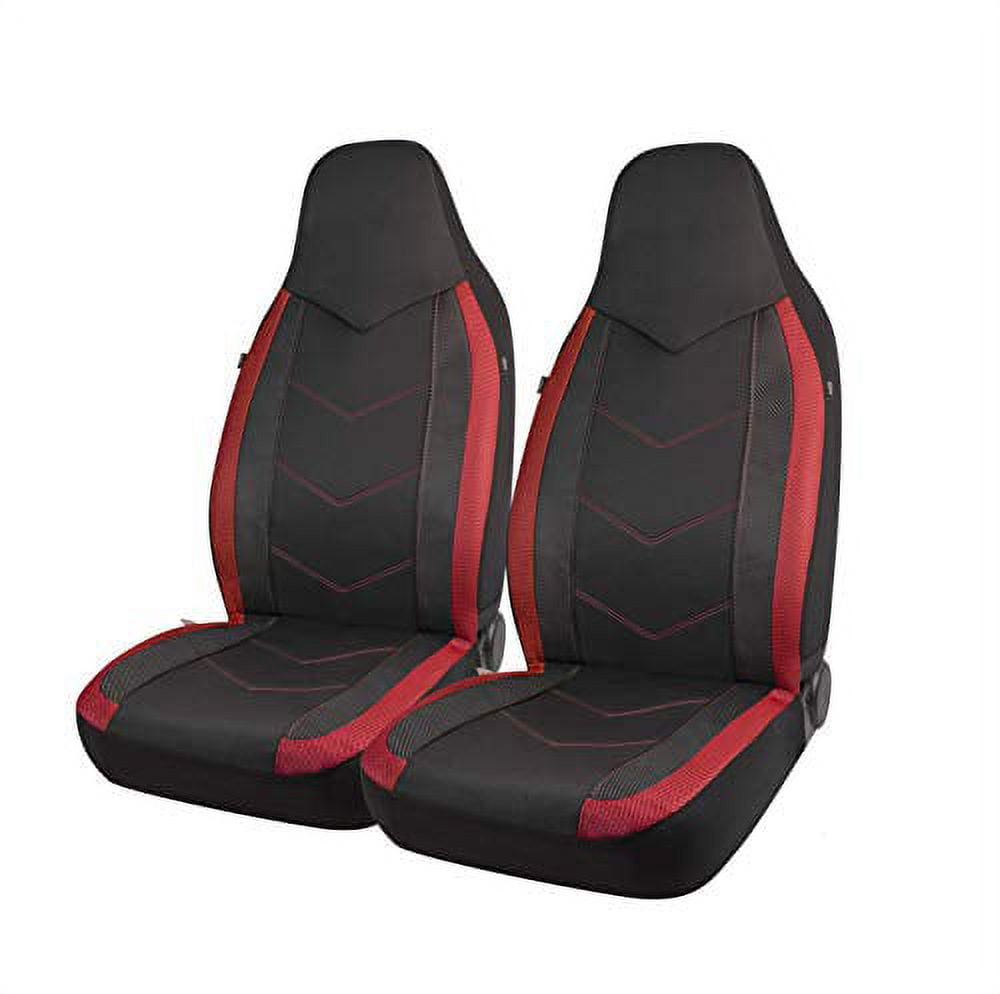 PIC AUTO 2PCS Red High Back Car Seat Covers - Sports Carbon Fiber Mesh Design, Universal Fit