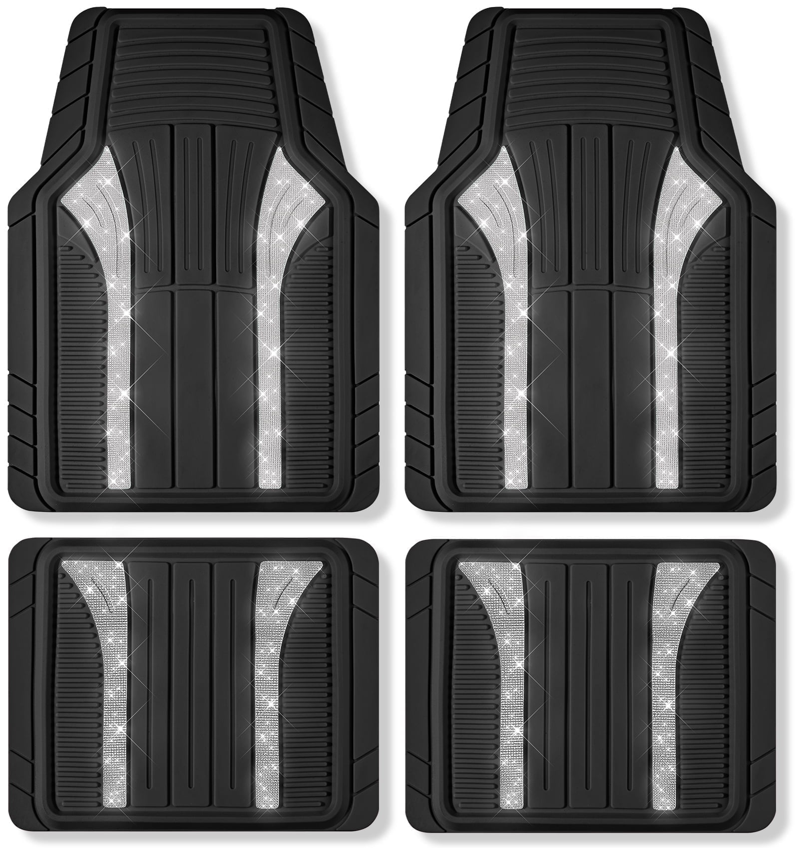 PIC AUTO Bling Rubber Floor Mats - Sparkly Glitter Hot Pink Car Mats Set, Heavy Duty All-Weather Waterproof Pads for Girls & Women, Universal Fit-Black