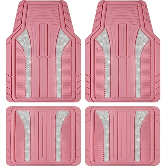 PIC AUTO Bling Rubber Floor Mats - Sparkly Glitter Hot Pink Car Mats Set, Heavy Duty All-Weather Waterproof Pads for Girls & Women, Universal Fit-Hot Pink