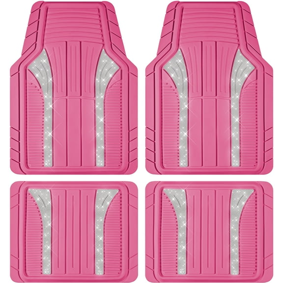 PIC AUTO Bling Rubber Floor Mats - Sparkly Glitter Hot Pink Car Mats Set, Heavy Duty All-Weather Waterproof Pads for Girls & Women, Universal Fit-Pink