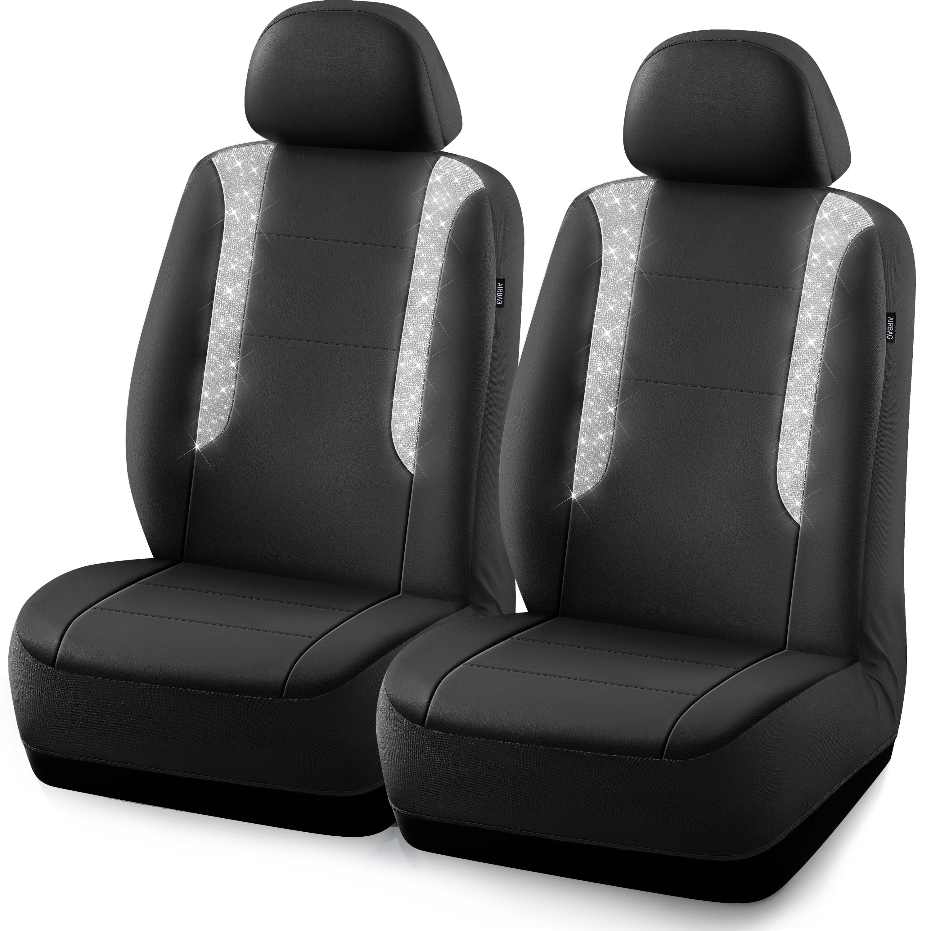 PIC AUTO Car Seat Cover - Sparkly Glitter and Black Leather, Waterproof Front Seat Covers for Girls & Women, Airbag Compatible, Universal Fit
