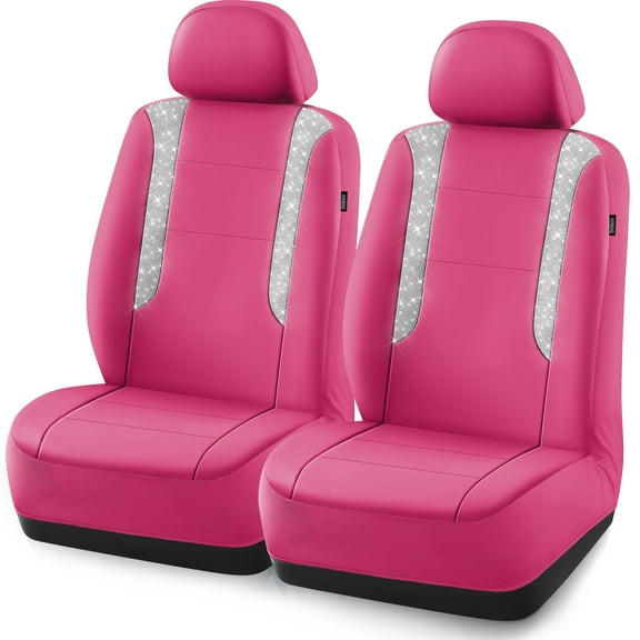 PIC AUTO Car Seat Cover - Sparkly Glitter and Hot Pink Leather, Waterproof Front Seat Covers for Girls & Women, Airbag Compatible, Universal Fit