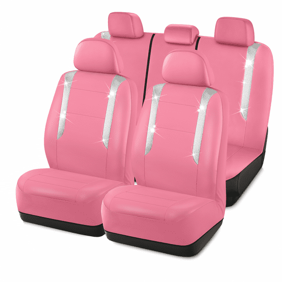 PIC AUTO Car Seat Covers - Sparkly Pink Leather with Bling Glitter, Full Set, Waterproof, Airbag Compatible, Universal Fit