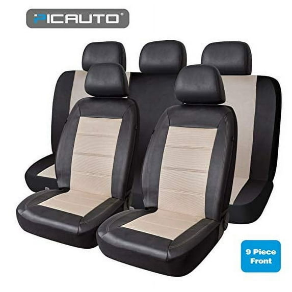 PIC AUTO Mesh and Leather Car Seat Covers Full Set Universal Fit 9PCS (Beige)
