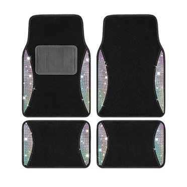 PIC AUTO Shining Rhinestones Carpet Car Floor Mats - Bling Crystal Diamond Front and Rear Mats with Black PVC Heel Pad, Universal Fit