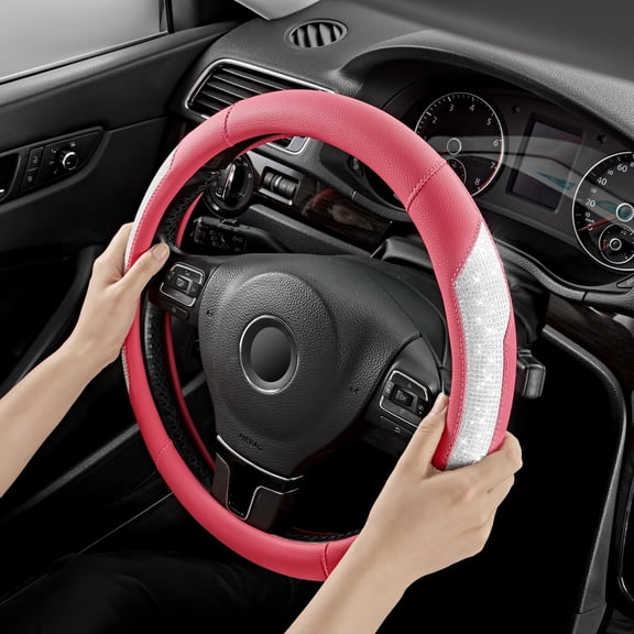PIC AUTO Steering Wheel Cover - Sparkly Pink Leather with Bling Glitter, Universal Fit for 14.5"-15"