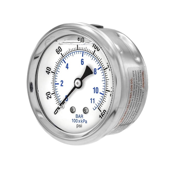PIC Gauge PRO-202L-254F Glycerin Filled Industrial Center Back Mount Pressure Gauge with Stainless Steel Case, Brass Internals, Plastic Lens, 2-1/2" Dial Size, 1/4" Male NPT, 0/160 psi CA1
