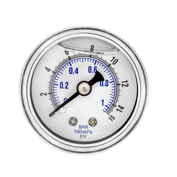 PIC Gauges 202L-158B Center Back Mount Glycerine Filled Pressure Gauge w/ SS Case/Bezel, Brass Internals, PC Lens, 1.5" Dial, 0/15 psi Range, 1/8" Male NPT CA1