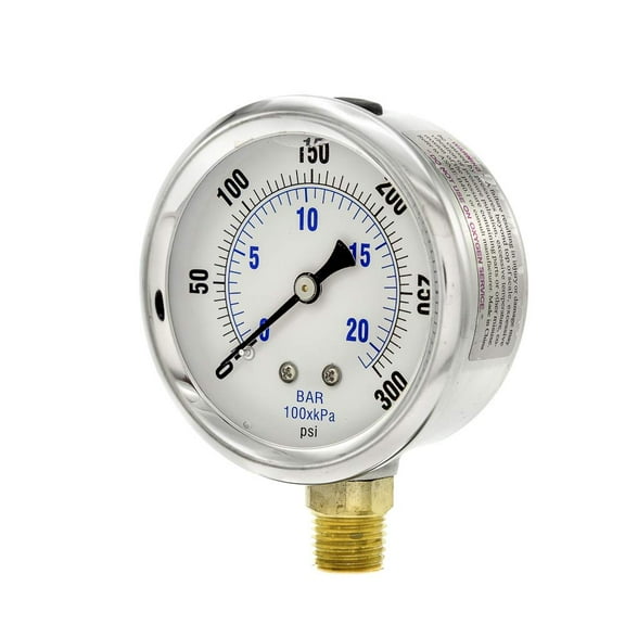 PIC Gauges PRO-201L-254H Bottom Mount Glycerin Filled Industrial Pressure Gauge w/ SS Case, Brass Internals, Plastic Lens, 2.5" Dial, 0/300 psi Range, 1/4" Male NPT CA1