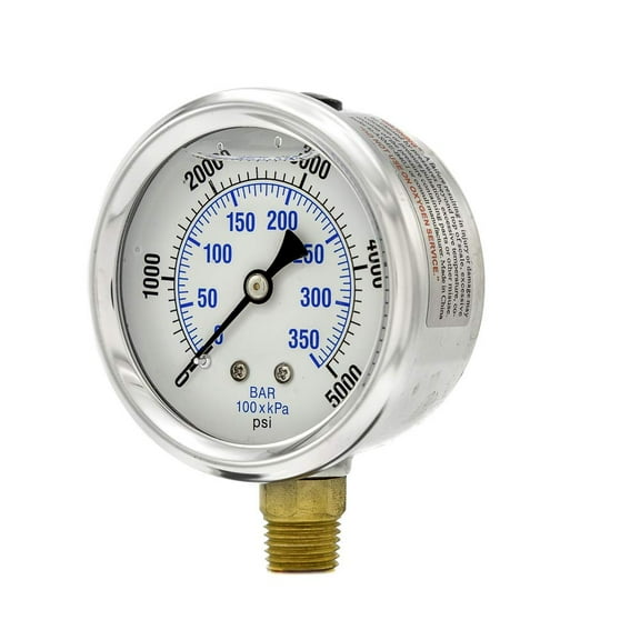 PIC Gauges PRO-201L-254R 0-5000 PSI Pressure Gauge, 2 1/2" Dial, 1/4" Male NPT Connection, Bottom Mount, Dual Scale, Glycerin Filled, Stainless Steel Case/Bezel, Brass Internals & Plastic Lens CA1