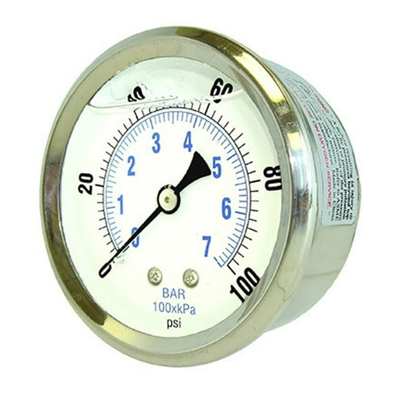 PIC Gauges PRO-202L-254E Center Back Mount Glycerin Filled Industrial Pressure Gauge w/ SS Case, Brass Internals, Plastic Lens, 2.5" Dial, 0/100 psi Range, 1/4" Male NPT CA1