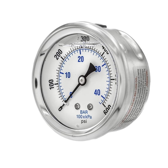 PIC Gauges PRO-202L-254K Center Back Mount Glycerin Filled Industrial Pressure Gauge w/ SS Case, Brass Internals, Plastic Lens, 2.5" Dial, 0/600 psi Range, 1/4" Male NPT CA1