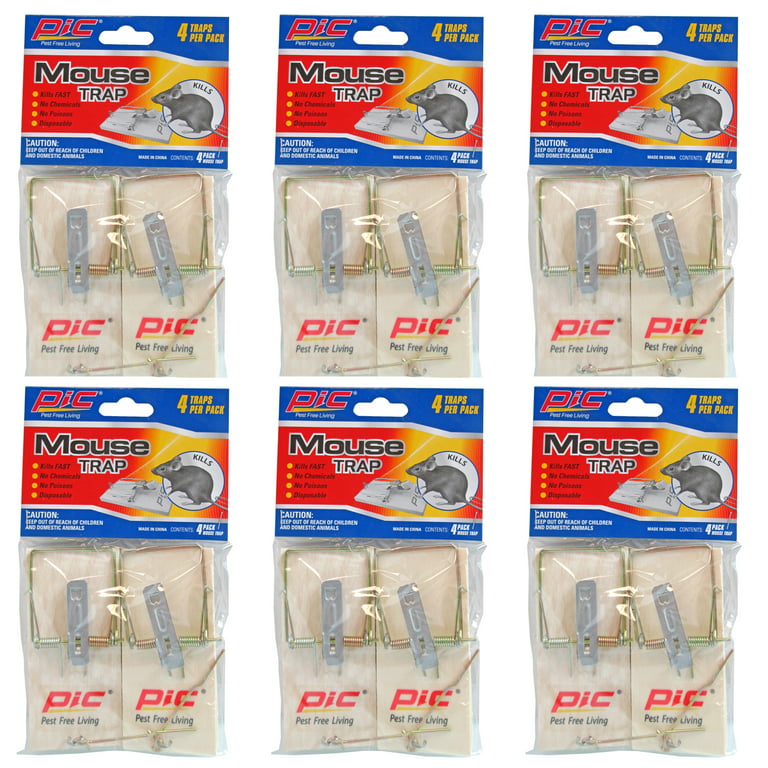 PIC Metal Padel Wood Mouse Traps, 4 Count, 6 Pack - 24 Traps Total