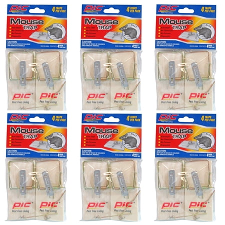 PIC Metal Padel Wood Mouse Traps, 4 Count, 6 Pack - Total of 24 Traps