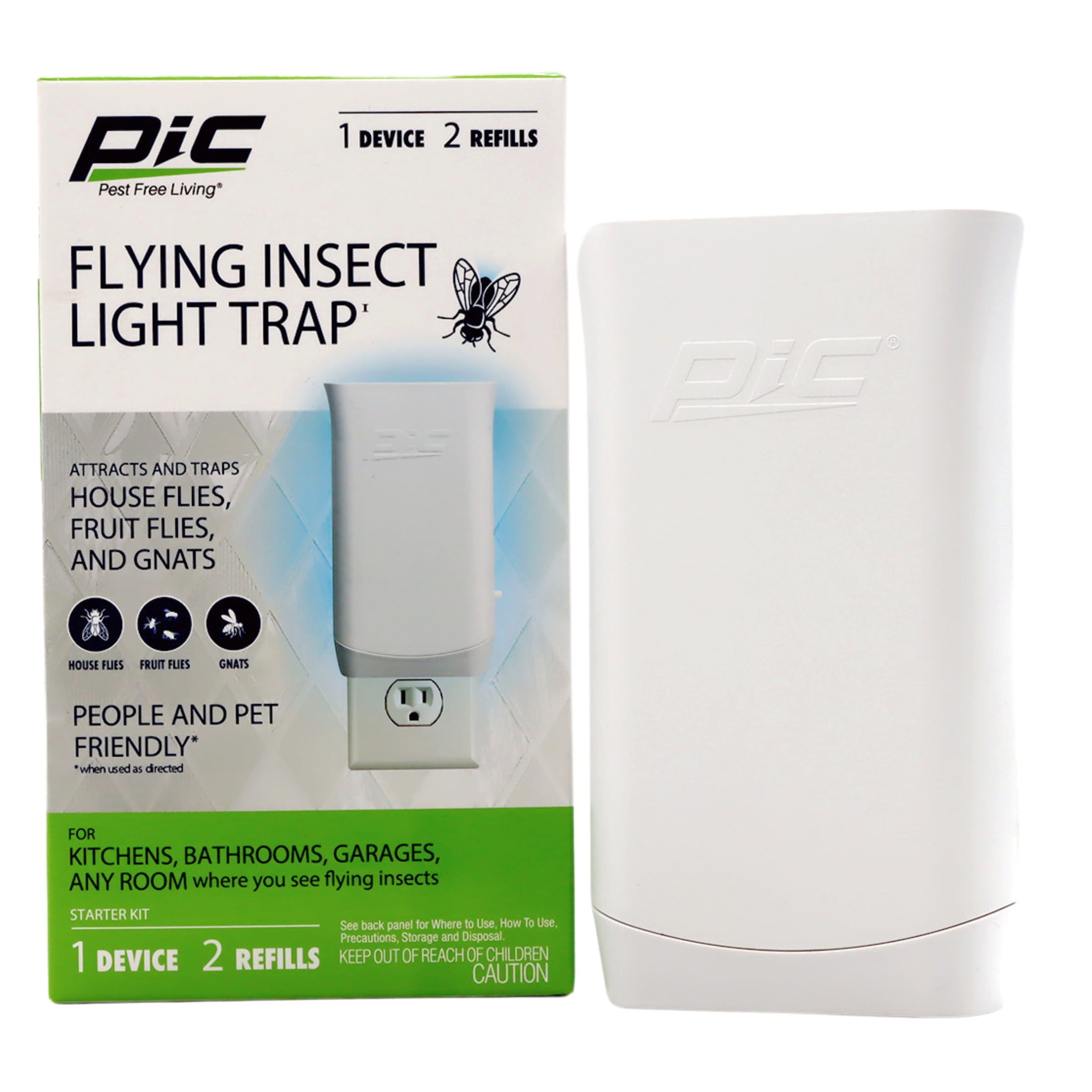 PIC Plug-in Flying Insect Trap for Indoor Use, Attracts & Traps House Flies, Fruit Flies, and Gnats - Starter Kit (1 Plug-In Base + 2 Cartridges)
