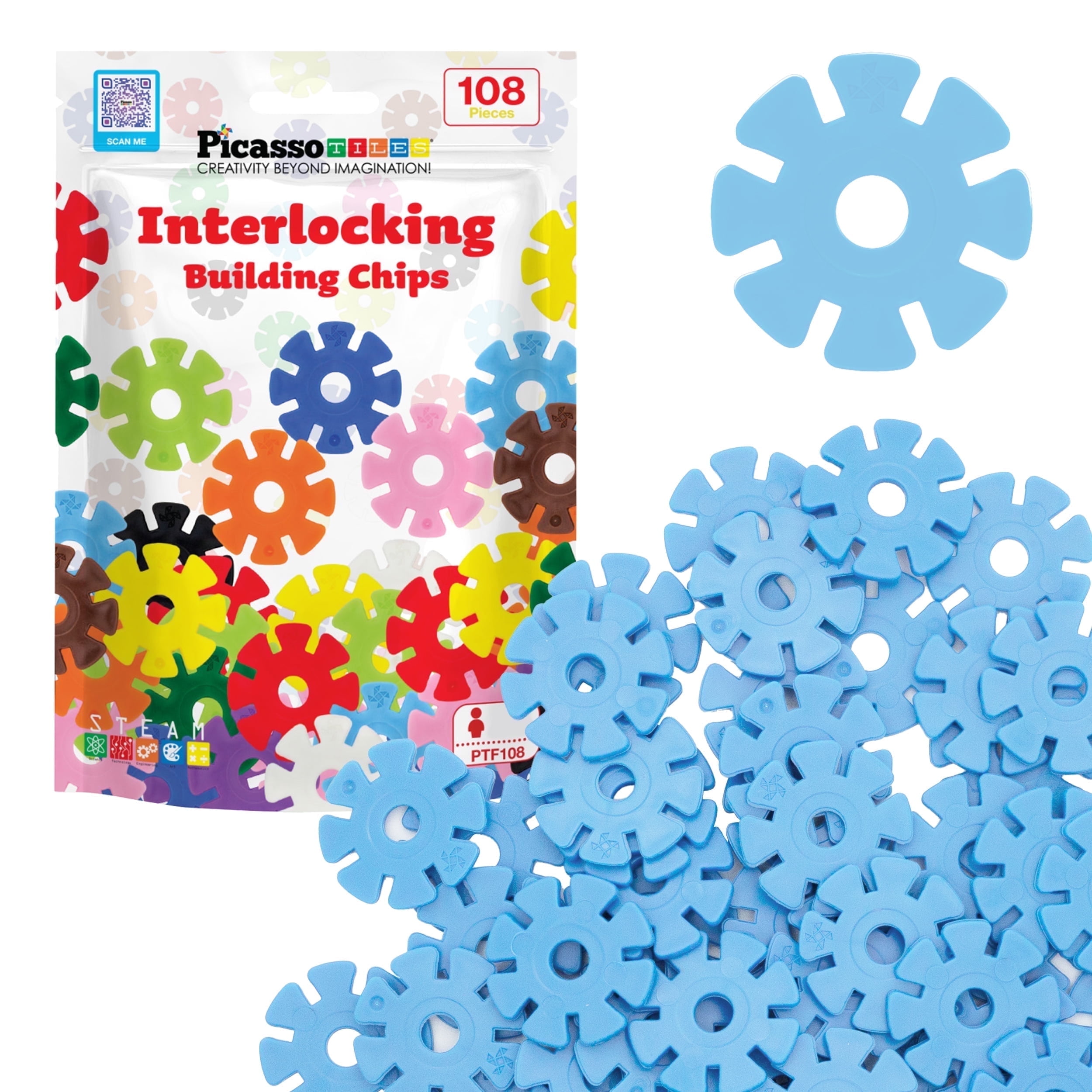 PicassoTiles 108PCS Light Blue Interlocking Disc Building Blocks Toy ...