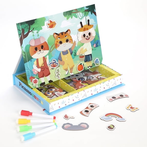 PicassoTiles 120PCS Magnetic Animal Sticker Puzzle Book & Drawing Board Set, Educational STEM Learning Activity Toy for Kids, Early Education Gift