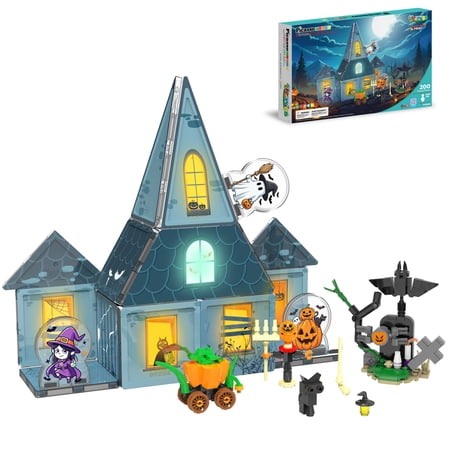 PICASSO-TILES 200PCS Magnetic Tiles Haunted Horror House Building Set with 3 Characters & Pumpkin Carriage, Halloween STEM Construction Toy for Kids