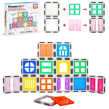 PicassoTiles Window & Door Clip-On Magnetic Blocks, Magnet Tiles Construction Toy Set, STEM Educational Learning Kit, Stacking Blocks for Kids Ages 3+