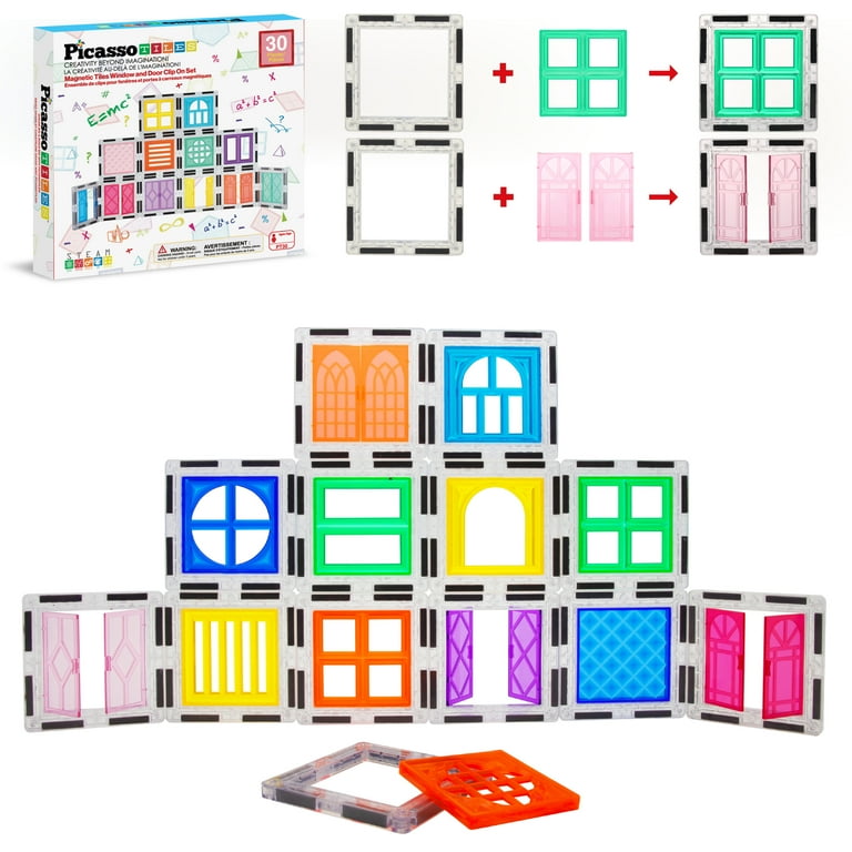 PicassoTiles Magnetic Tile Expansion Set - 40pc Window Door Clip-On + 70pc Marble Run