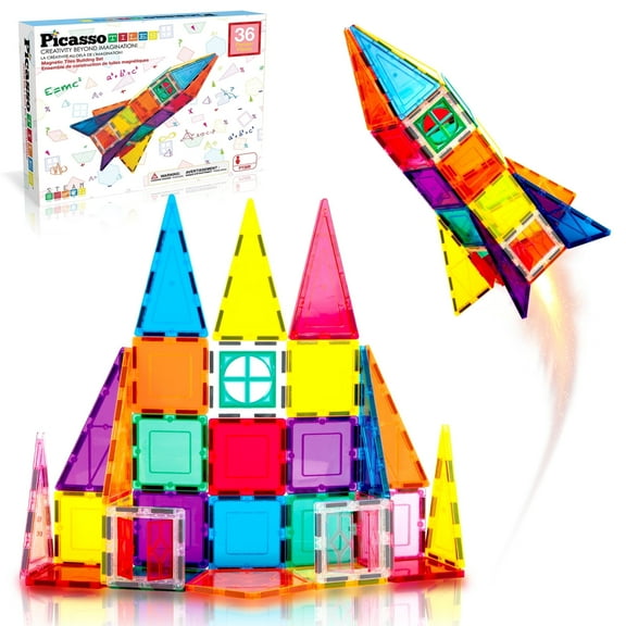 PicassoTiles 36PCS Magnetic Tiles Rocket Set – STEM Construction Toy, Magnet Building Blocks, Brain Development, Window & Door Playboard for Kids