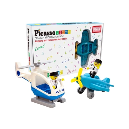 PicassoTiles 4PCS Magnetic Aircraft & Action Figure Set, Includes Airplane & Helicopter, Educational Pretend Play Expansion for Construction Blocks