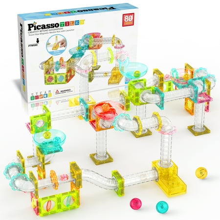 PicassoTiles Mini Marble Run Magnetic Tiles for Kids – 80PCS STEM Construction Building Blocks Race Track Travel Toy Set