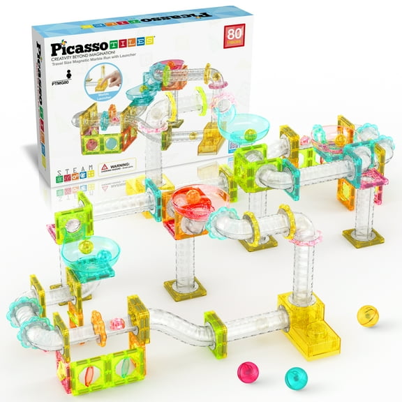 PicassoTiles Mini Marble Run Magnetic Tiles for Kids – 80PCS STEM Construction Building Blocks Race Track Travel Toy Set