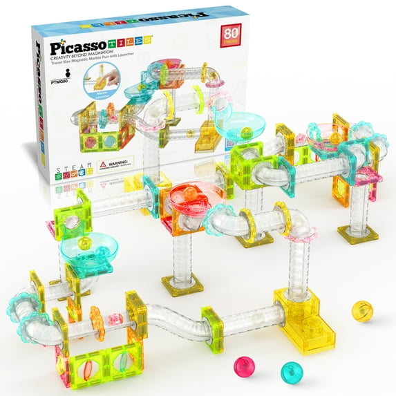 PicassoTiles Mini Marble Run Magnetic Tiles for Kids – 80PCS STEM Construction Building Blocks Race Track Travel Toy Set