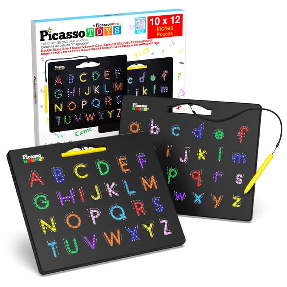 PICASSO-TILES Magnetic Alphabet Board 12x10 in Dual Sided Learning Pad, Letter Tracing Stylus Pen Reusable Erasable Educational Toy Kids Preschool Montessori Writing Tool