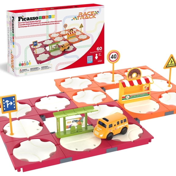PicassoTiles Race Car Track Magnetic Tiles for Kids 60PCS STEM Construction Building Blocks Toy Set with Accessories