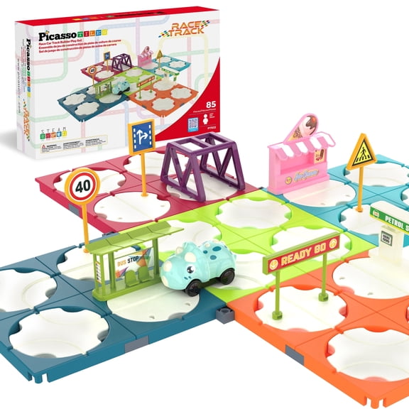 PicassoTiles Race Car Track Magnetic Tiles for Kids  85PCS STEM Construction Building Blocks Toy Set with Accessories