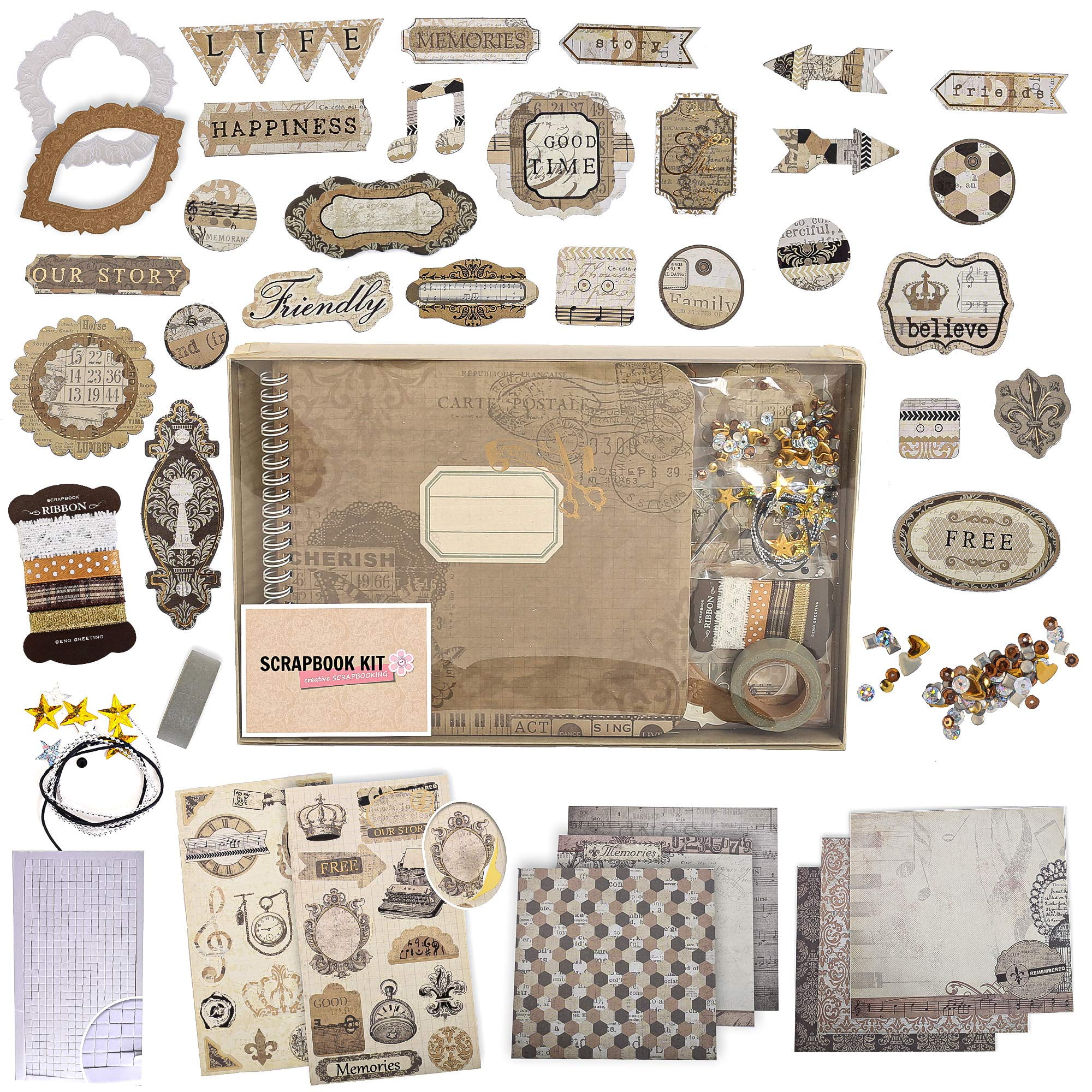 PICKME's D.I.Y Vintage Scrapbook Kits for Adults & Kids, Hardcover  Coil-Bound Scrapbook Album Including Stationery Set with Gold Embossed  Stickers, Ribbons & Journaling Supplies. (7.5 x 8, 100Pc) 