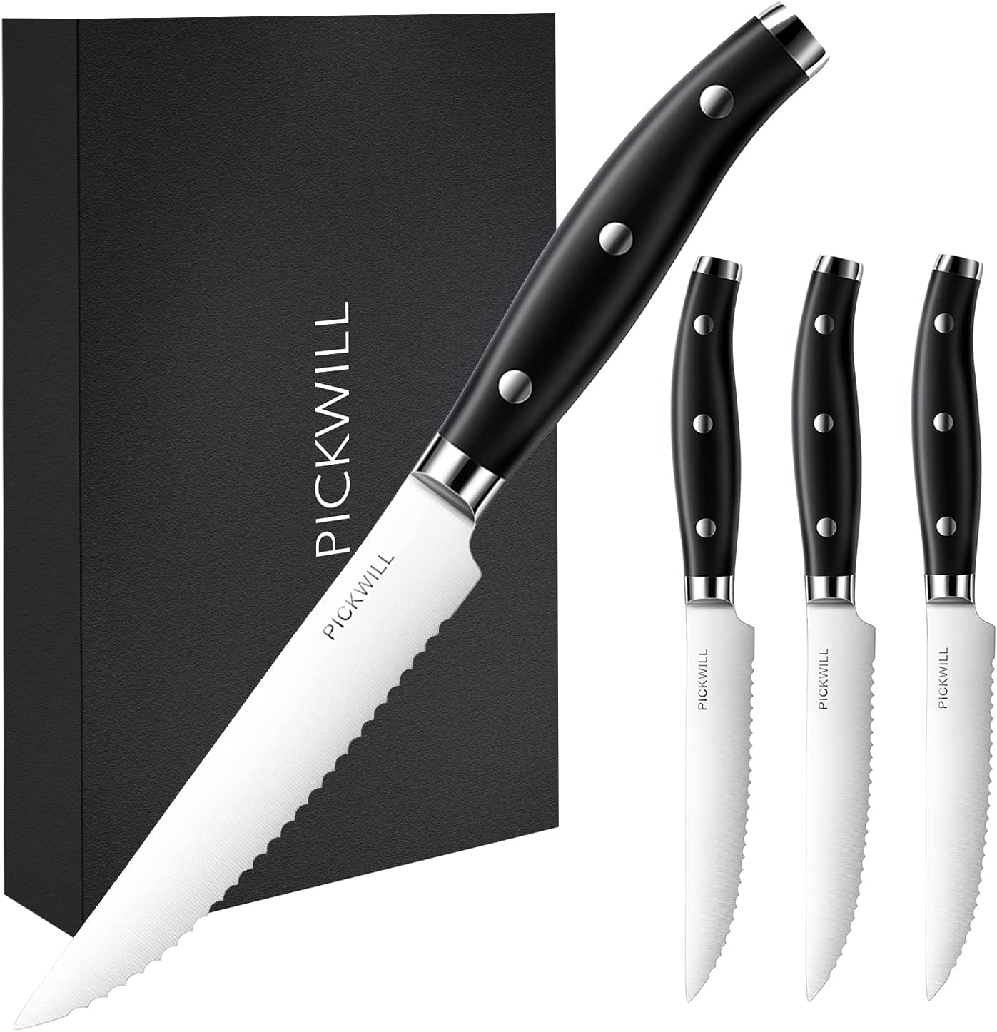 PICKWILL Steak Knives Set of 4, 4.5 Serrated Classic Steak Knife Set, High  Carbon Stainless Steel Kitchen Steak Knives with Ergonomic Handle, Durable